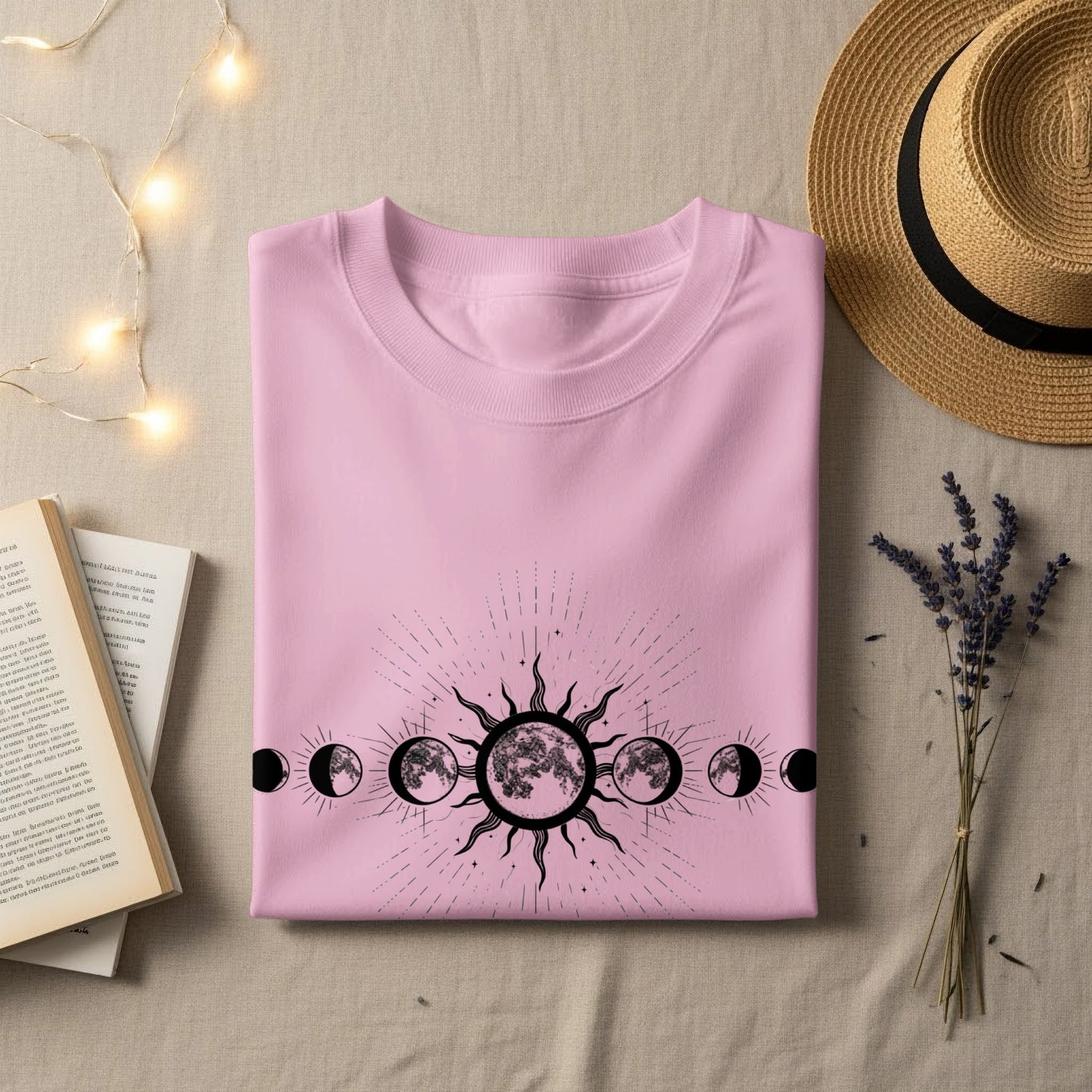 Pink T-shirt with Celestial Moon Phases Graphic