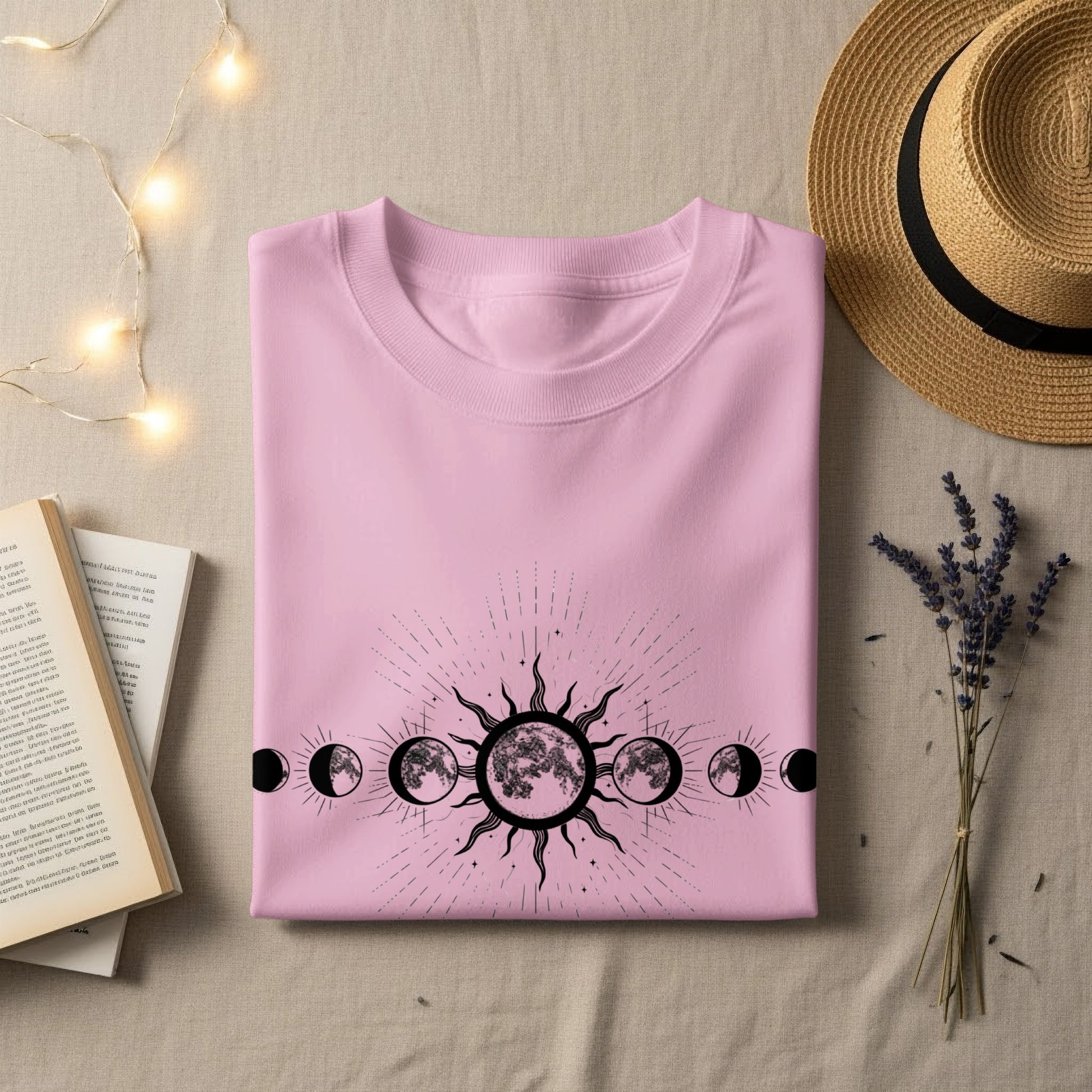 Pink T-shirt with Celestial Moon Phases Graphic