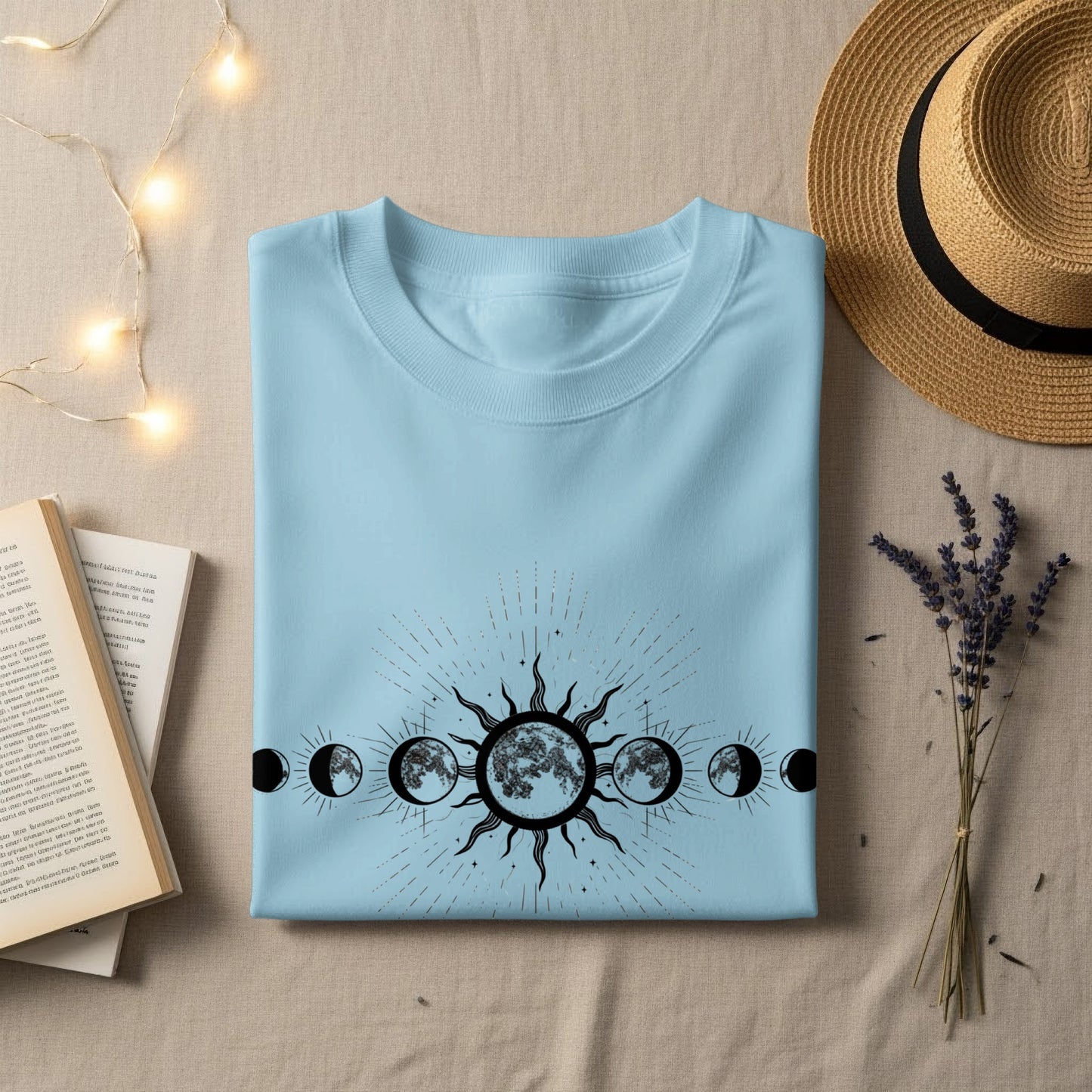 Phases of the Moon with Sun Design on Blue Shirt