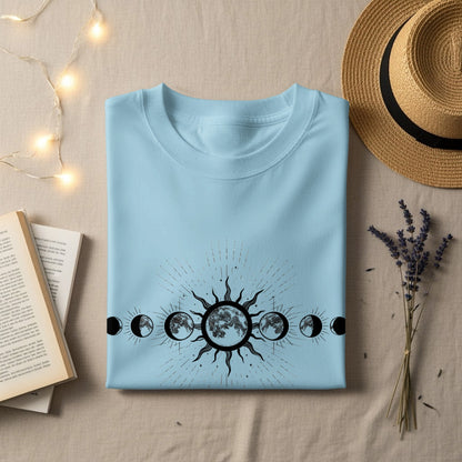 Phases of the Moon with Sun Design on Blue Shirt
