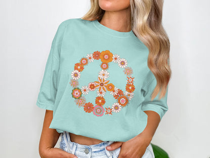 Peace Sign Flower Graphic Mint Green Tee