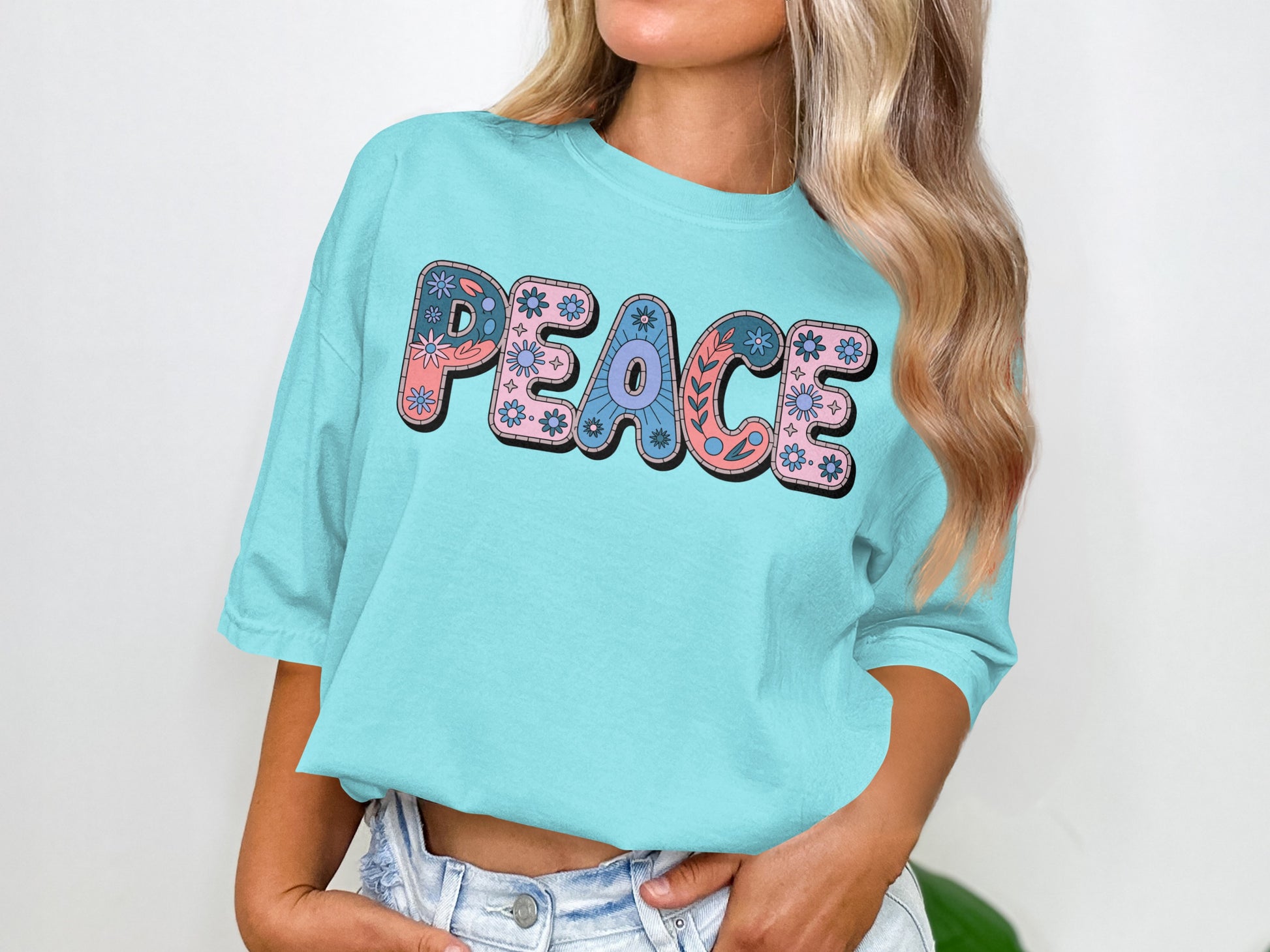 Bright Blue PEACE Graphic Tee with Unique Design