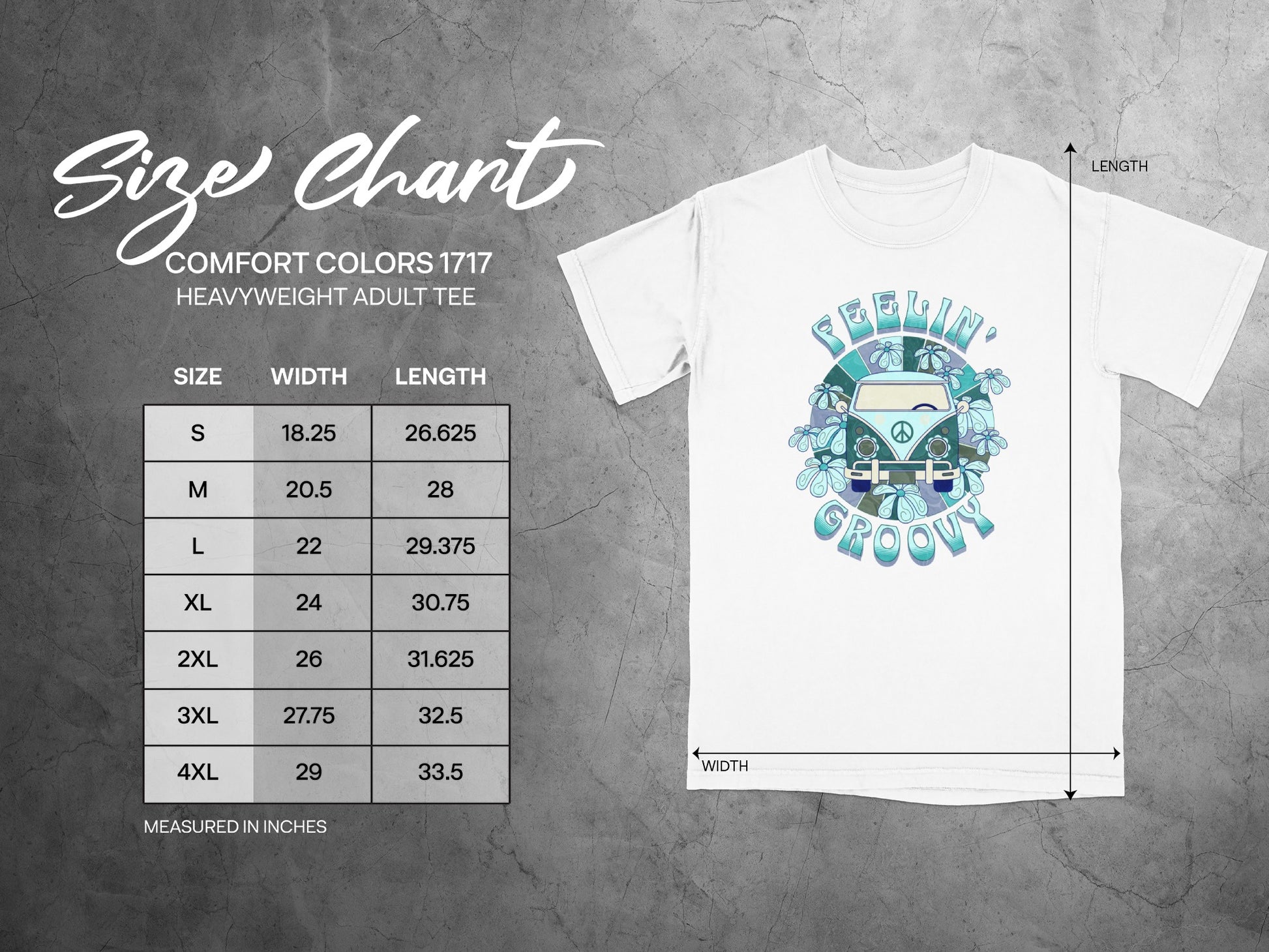 Feelin' Groovy Graphic T-Shirt Size Chart Design