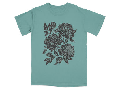 Floral Graphic Art on Teal Shirt Fashion Apparel