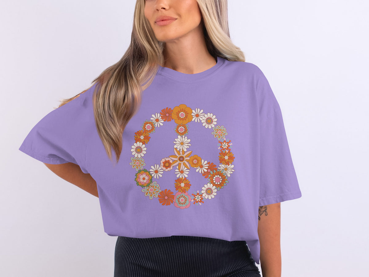 Floral Peace Sign Graphic Tee Casual Clothing