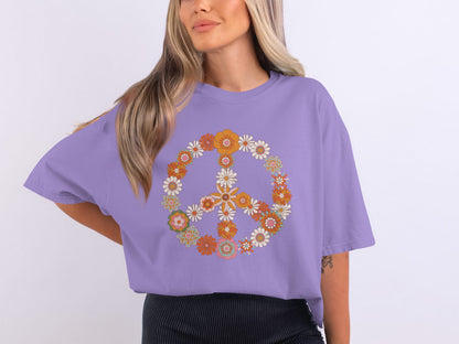 Floral Peace Sign Graphic Tee Casual Clothing