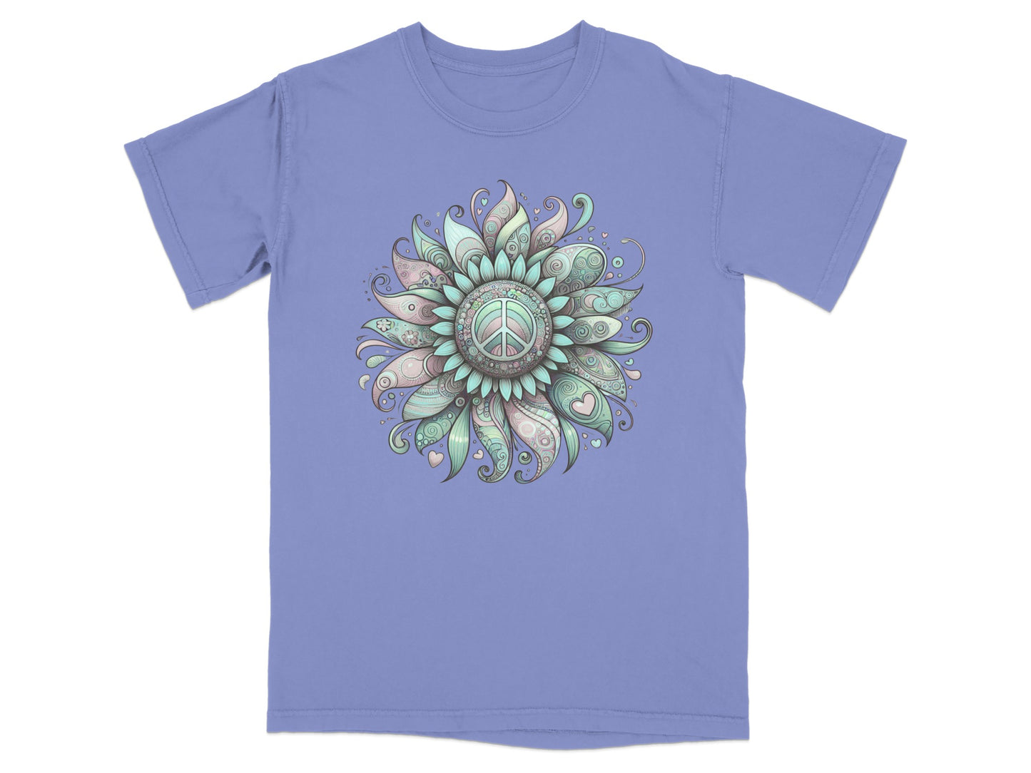 Colorful artistic floral design on a purple t-shirt