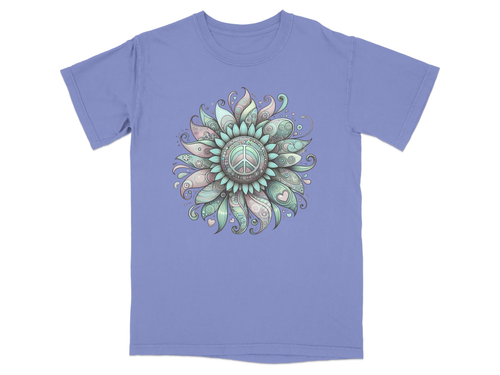 Colorful artistic floral design on a purple t-shirt