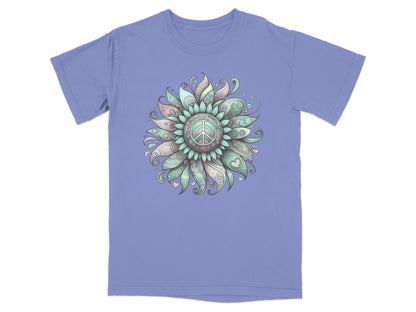 Colorful artistic floral design on a purple t-shirt
