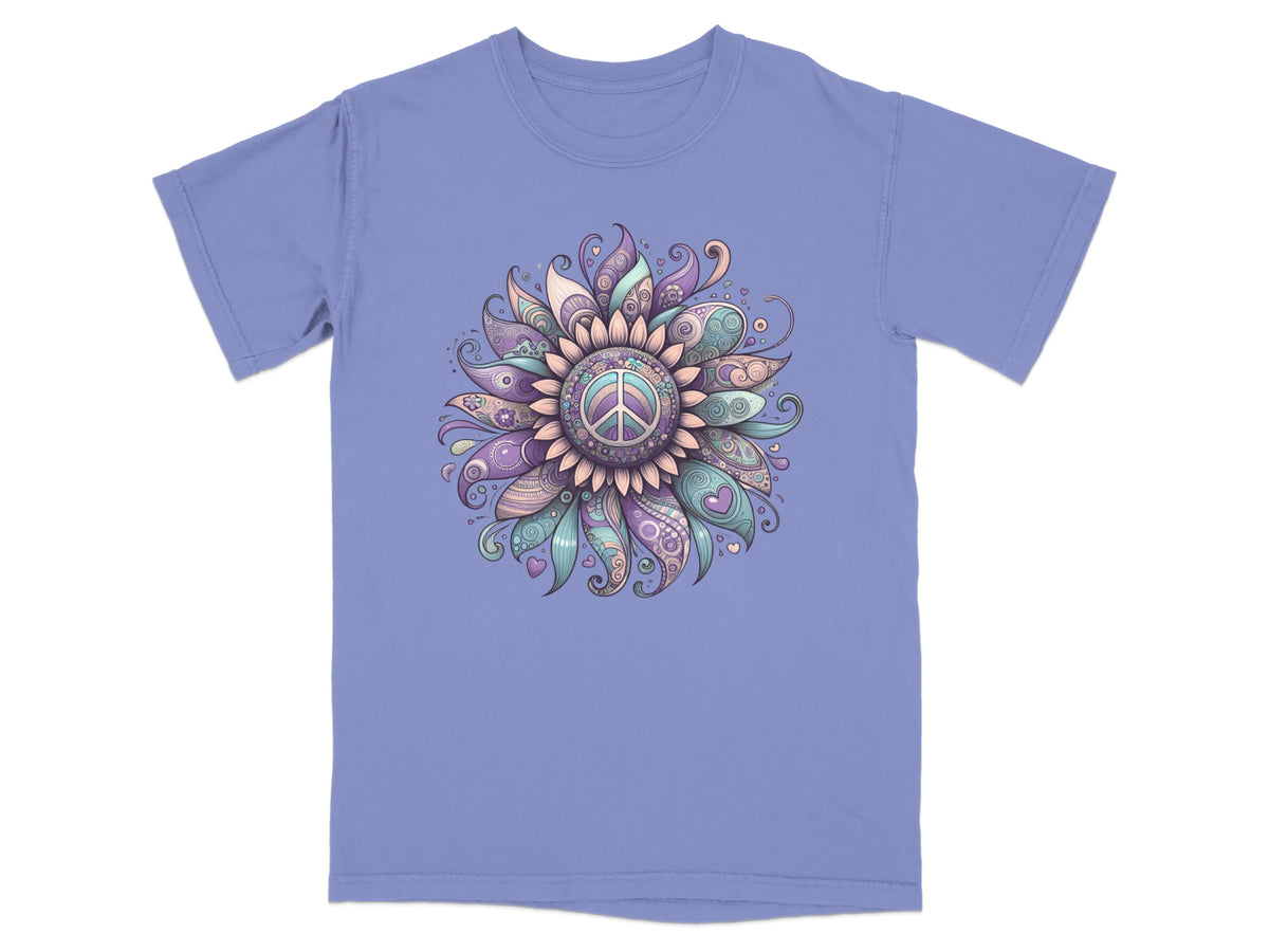 Intricate Peace Symbol Floral Design T-shirt Vintage Style