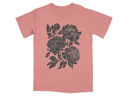 Floral Black Peony Graphic on Dusty Rose Shirt