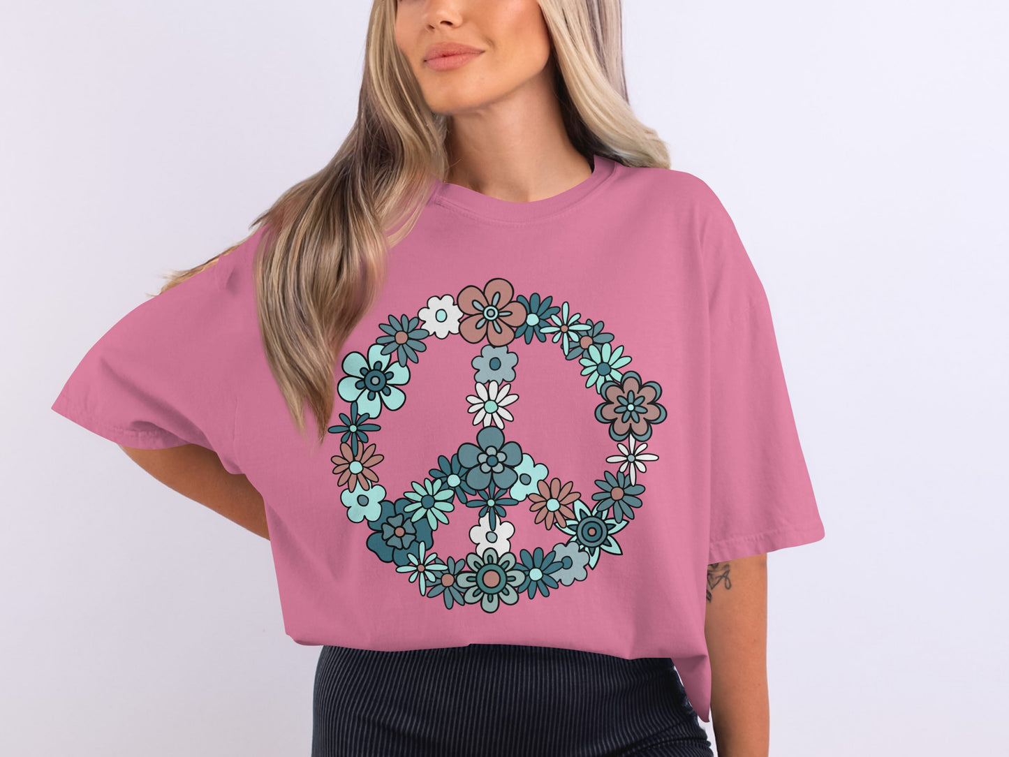 Floral Peace Sign Graphic T-shirt Casual Wear