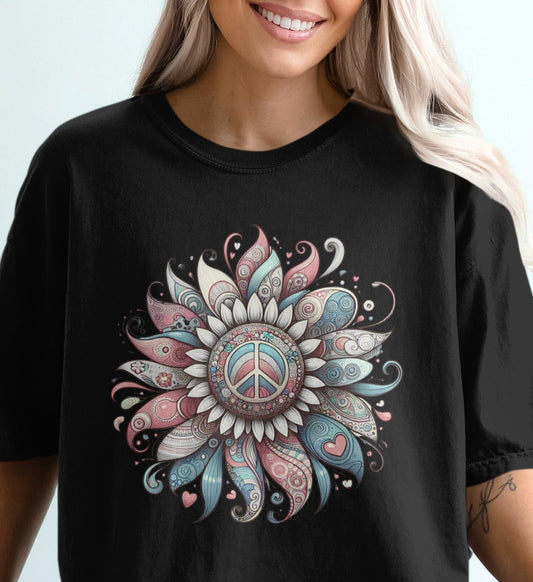 Colorful Peace Symbol Floral Black T-shirt