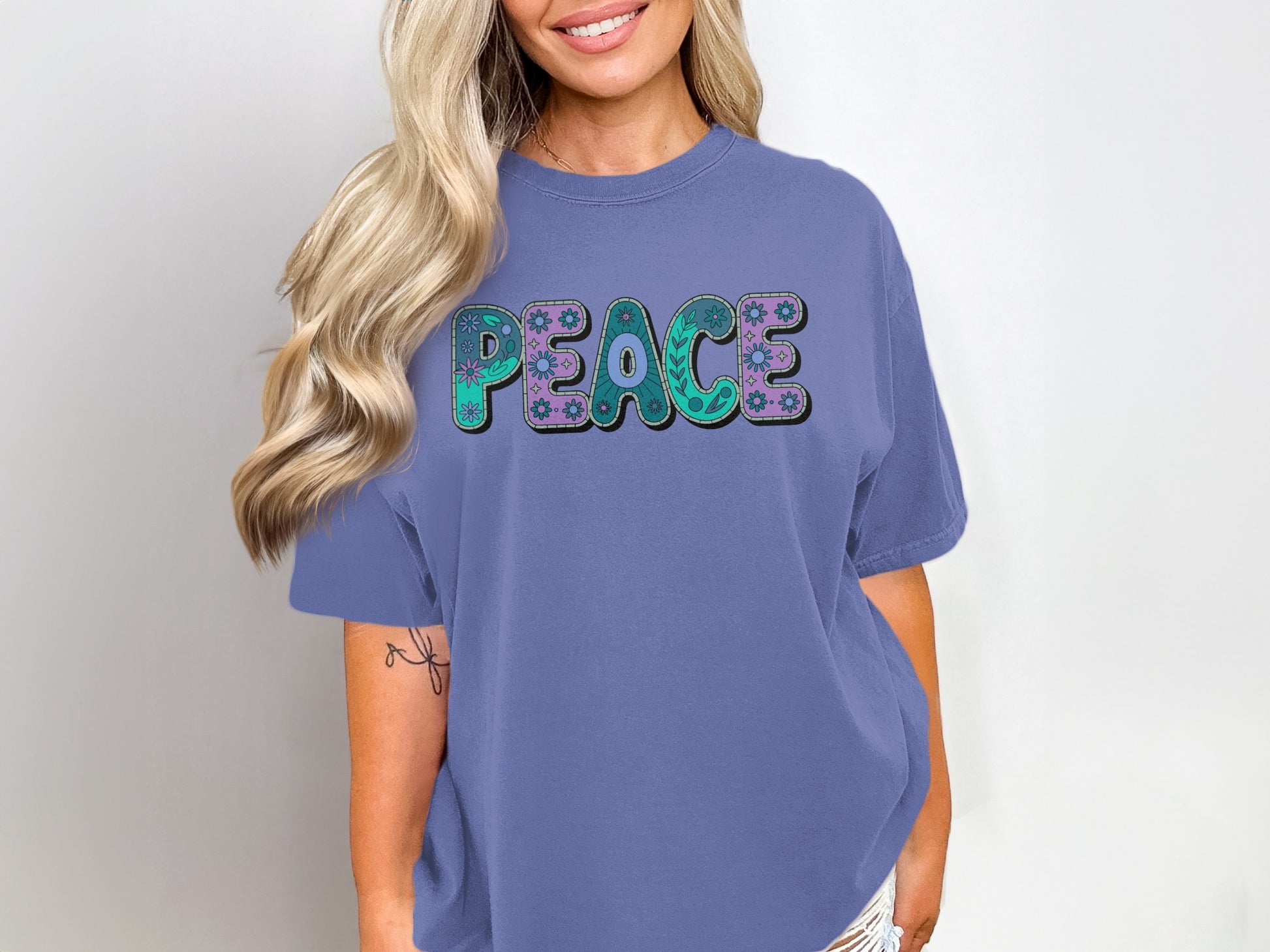 Blue T Shirt with Peace Graphic Statement Top