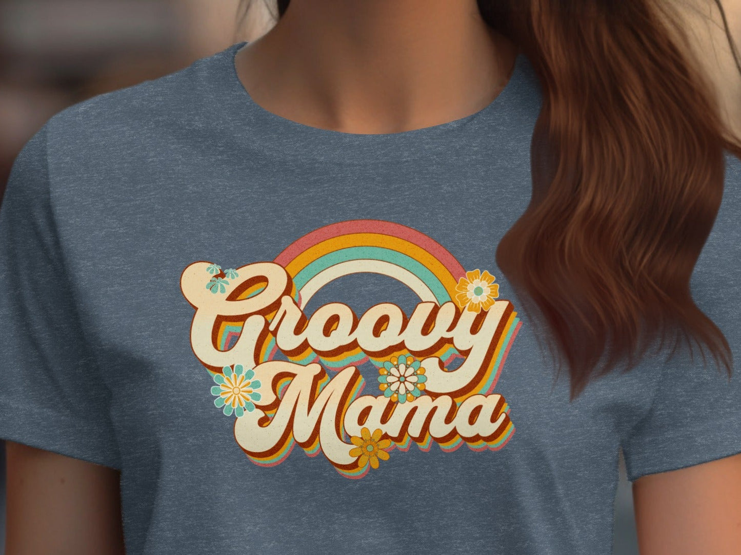 Groovy Mama Rainbow and Flowers Graphic T-Shirt