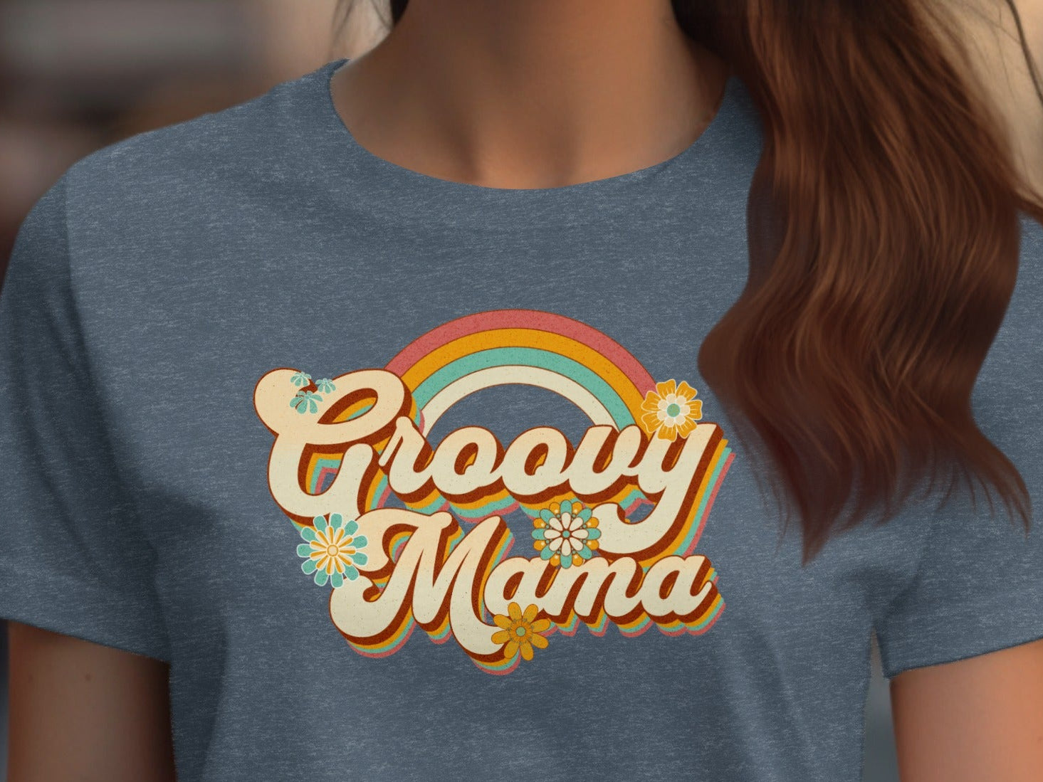 Groovy Mama Rainbow and Flowers Graphic T-Shirt