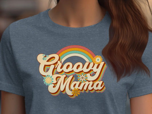 Groovy Mama Rainbow and Flowers Graphic T-Shirt