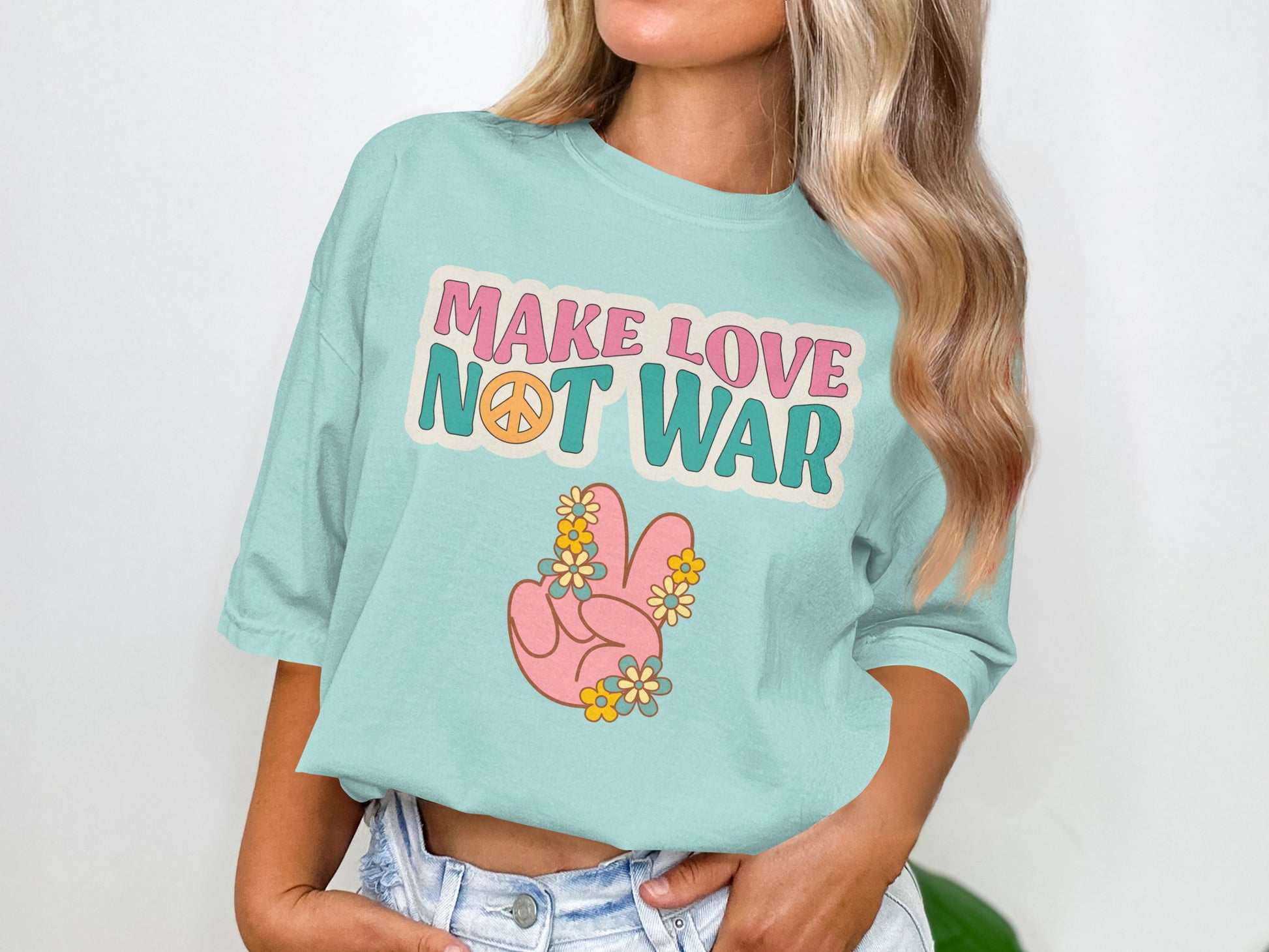 Make Love Not War T-Shirt with Peace Sign and Flowers