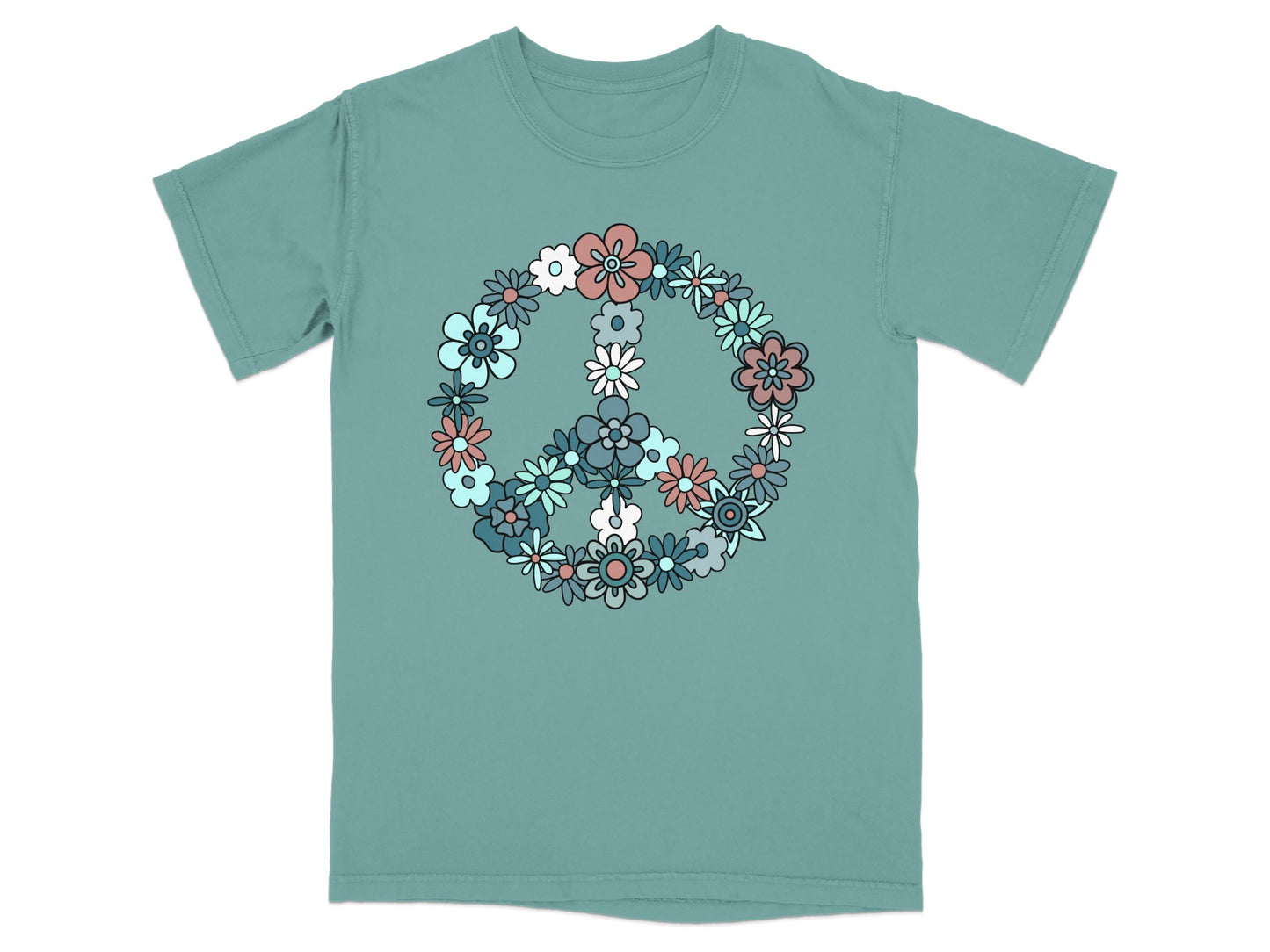 Floral Pattern Peace Symbol on Teal T-shirt