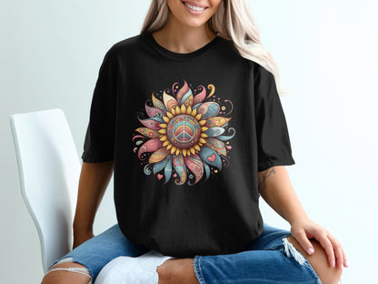 Colorful Peace Flower Pattern T-Shirt for Adults