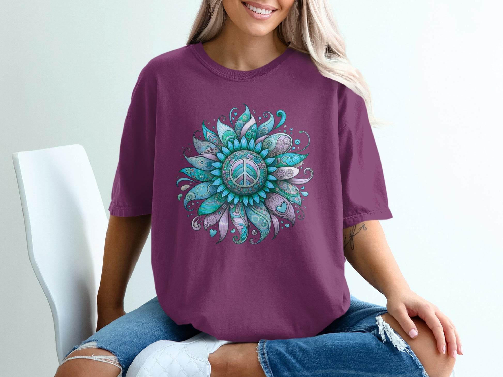Peace Symbol Floral Mandala Design Graphic T-shirt
