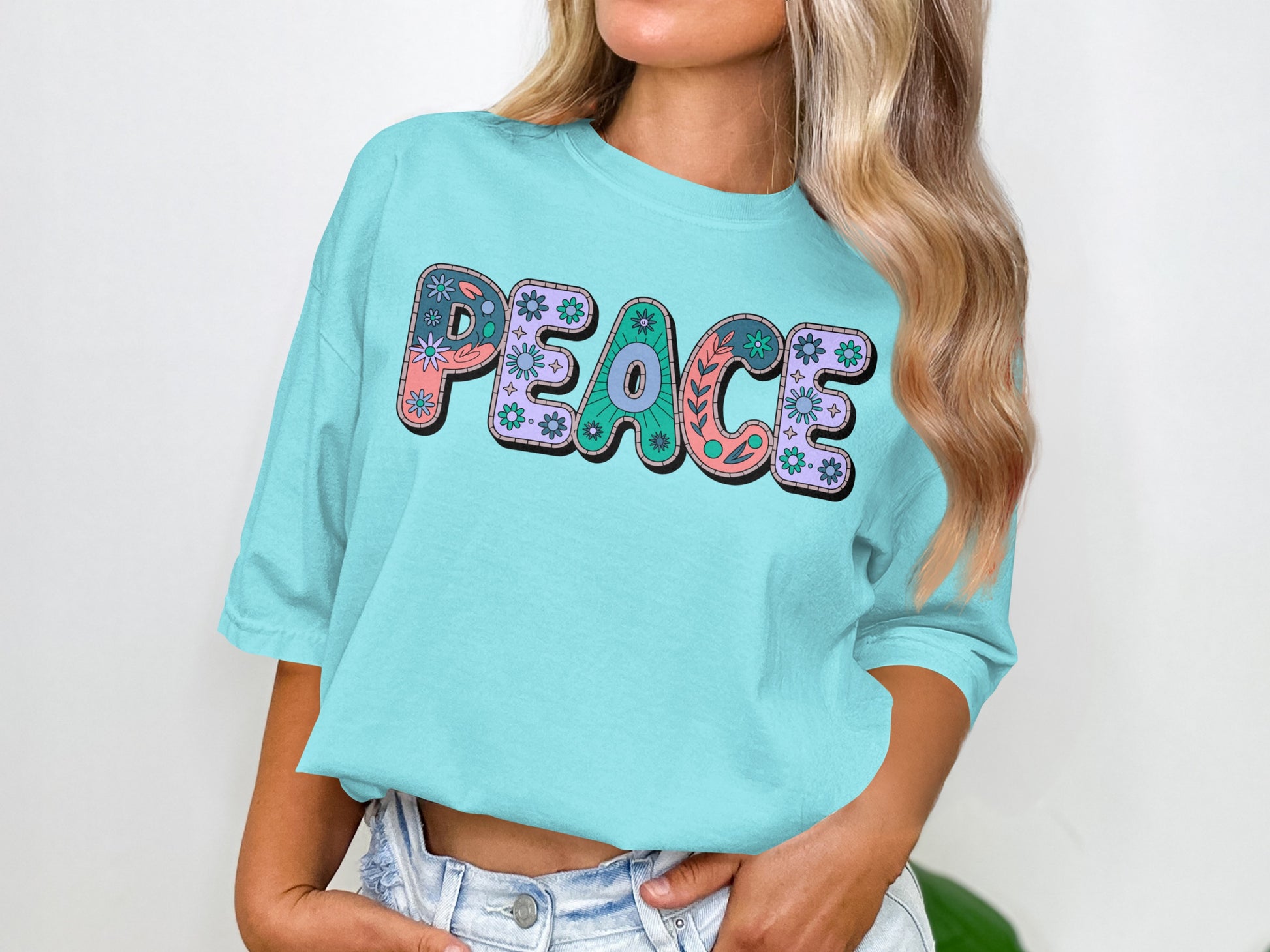 Peace Graphic Tee with Colorful Floral Design