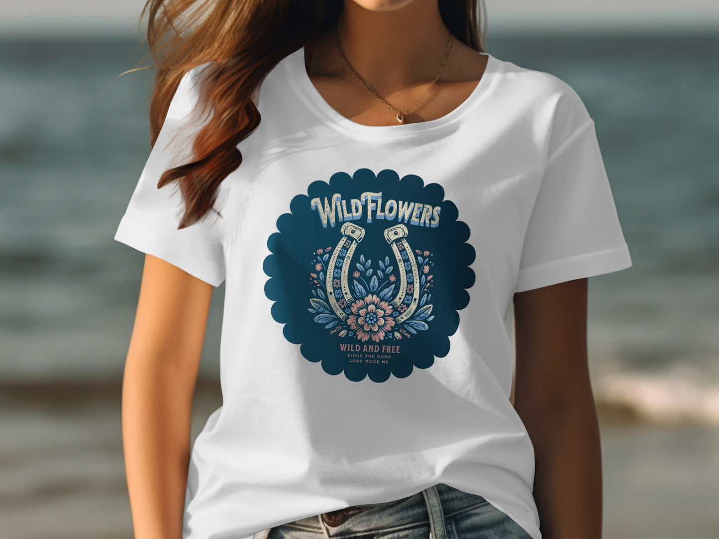 Wild Flowers Wild and Free Horseshoe Design T-shirt