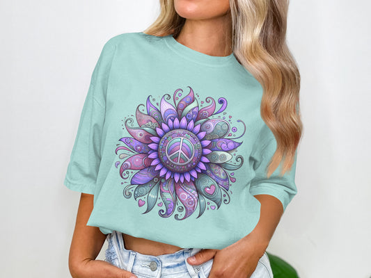 Vibrant Peace and Flower Mandala Design T-Shirt