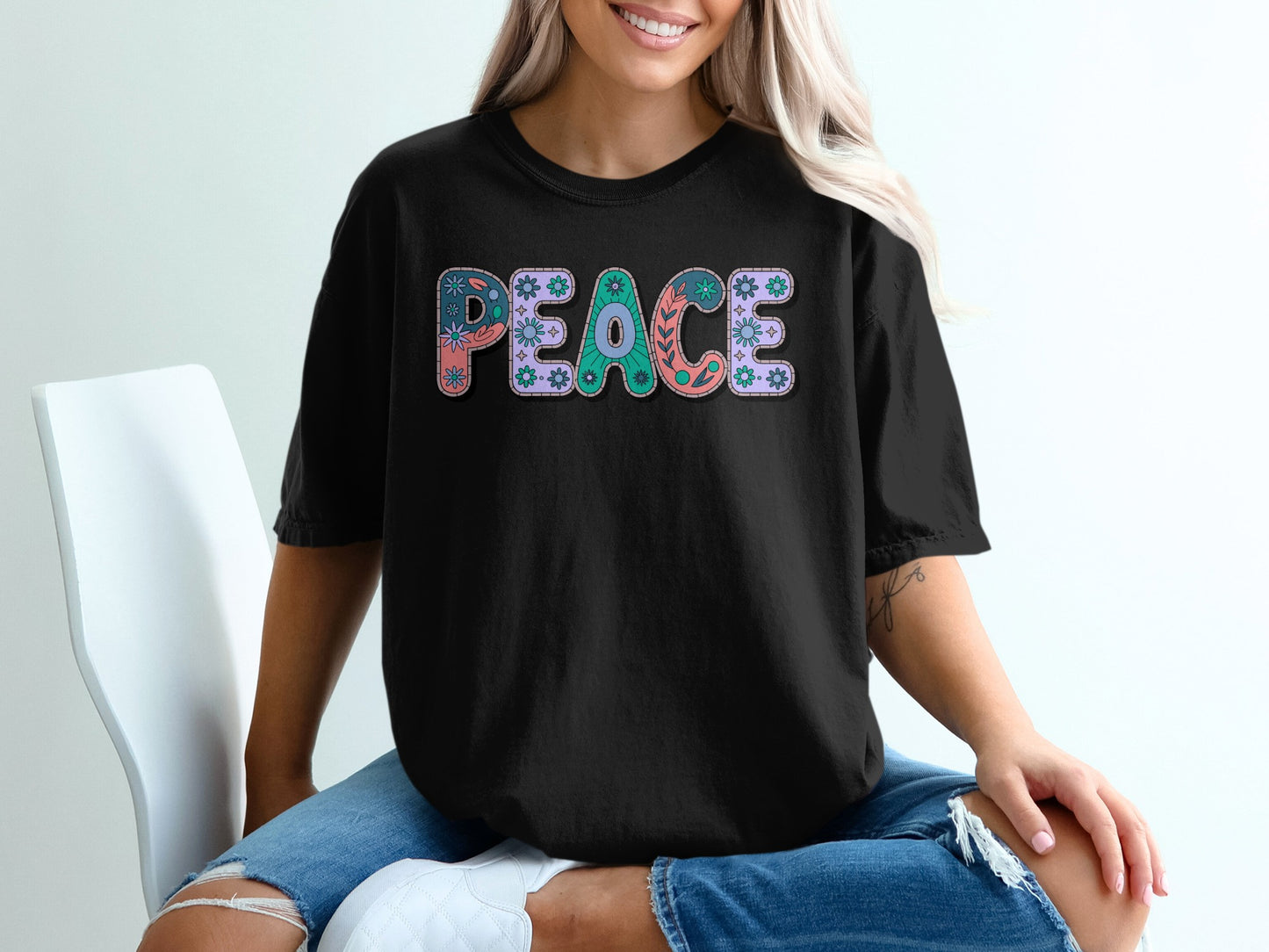 Peace Graphic Tee with Colorful Letter Designs