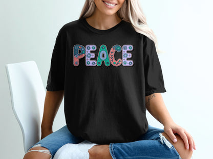Peace Graphic Tee with Colorful Letter Designs