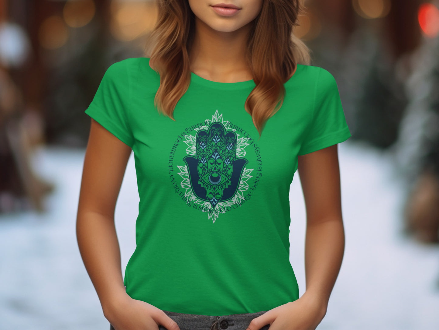 Green Shirt with Intricate Hamsa Hand Design