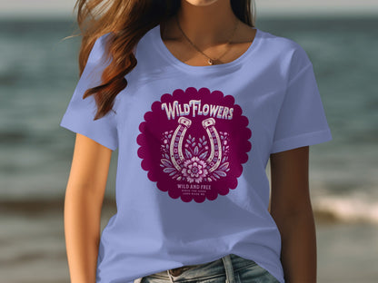 Wild Flowers Horseshoe Graphic T-Shirt Casual Style