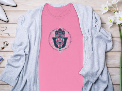 Artistic Hamsa Hand Graphic on Pink T-Shirt