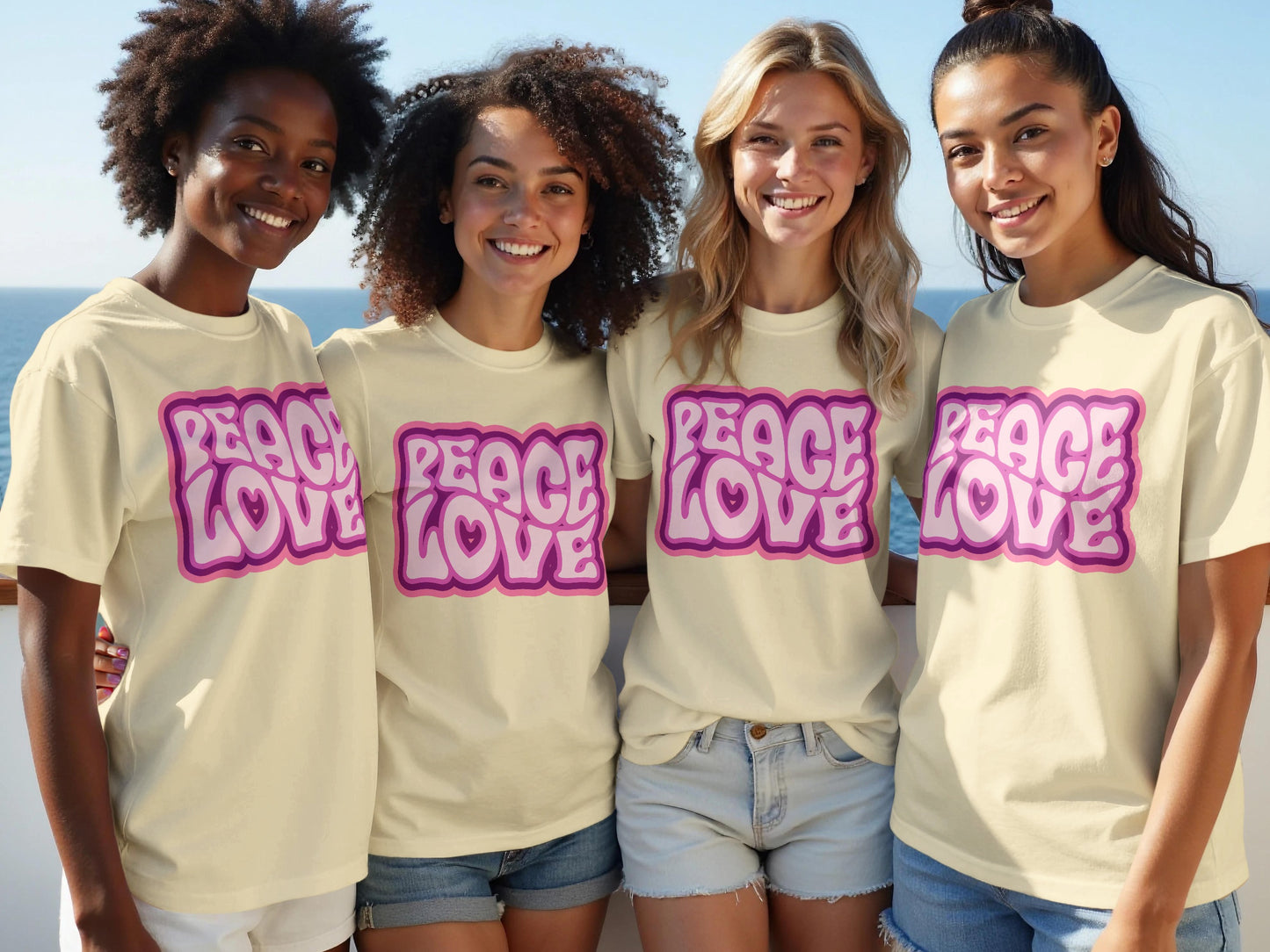 Peace Love Graphic Tee with Bold Pink Text Design