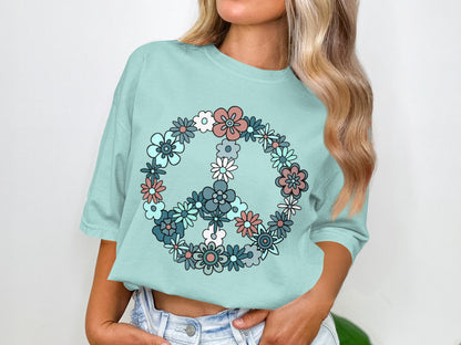 Floral Peace Sign Design Mint Green T-Shirt