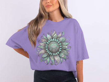 Purple Tee with Peace Symbol Mandala Design Shirt