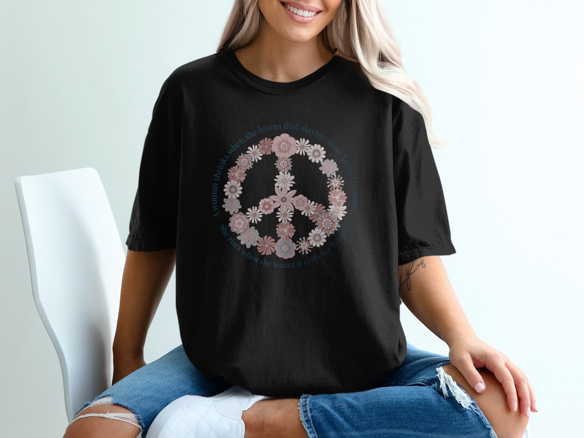Peace Sign Flower Print Casual Style T-shirt